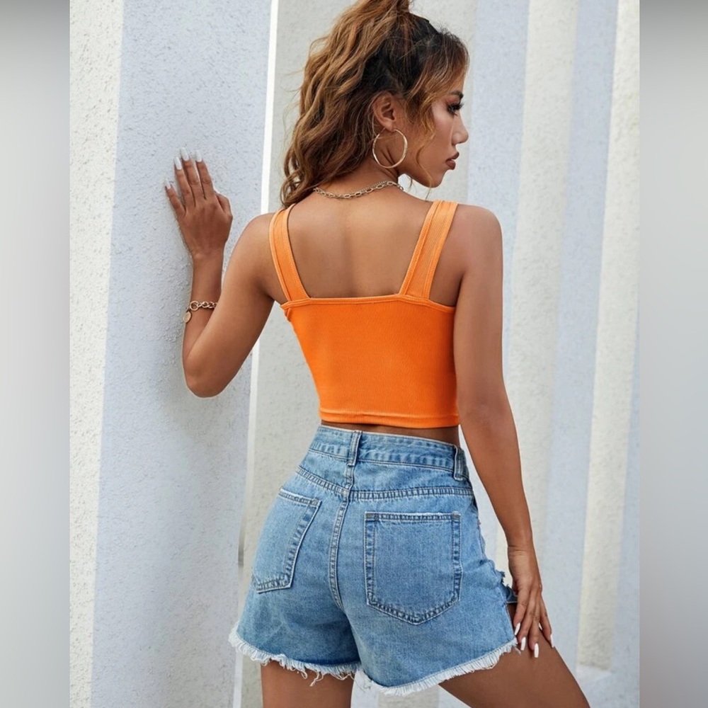 Orange Ribbed Knit Solid Tank Top - Picture 3 of 7